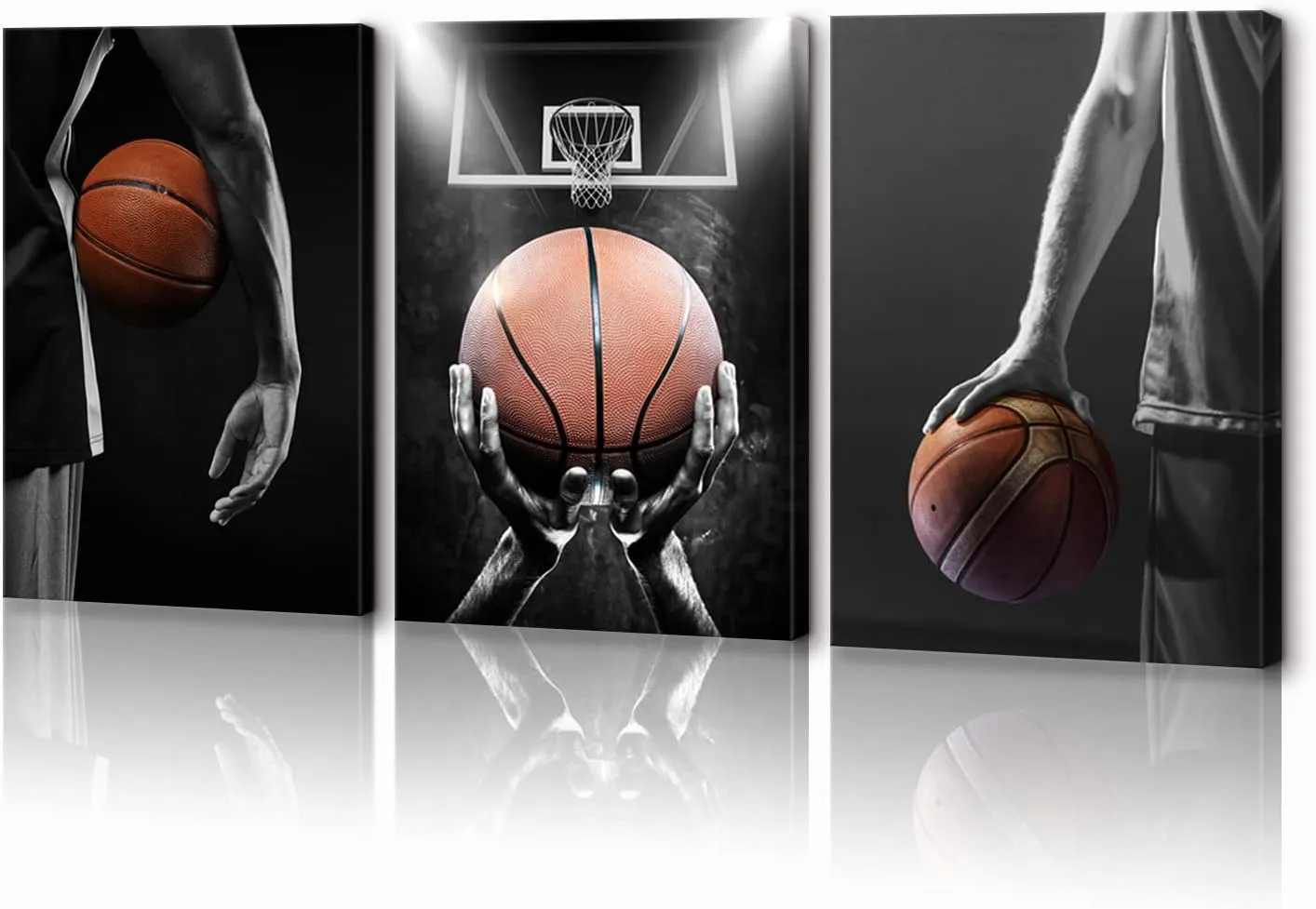 KAWAHONE -3 Pieces Basketball Art Prints Black and White Wall Art Antique Basketball and Low Angle View Basketball Hoop Sport Canvas Art for Bedroom Gym Room Decoration Boys Gift Framed-12x16inx3pc