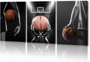 KAWAHONE -3 Pieces Basketball Art Prints Black and White Wall Art Antique Basketball and Low Angle View Basketball Hoop Sport Canvas Art for Bedroom Gym Room Decoration Boys Gift Framed-12x16inx3pc
