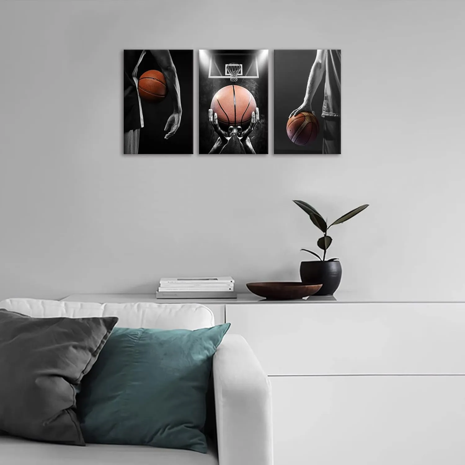KAWAHONE -3 Pieces Basketball Art Prints Black and White Wall Art Antique Basketball and Low Angle View Basketball Hoop Sport Canvas Art for Bedroom Gym Room Decoration Boys Gift Framed-12x16inx3pc