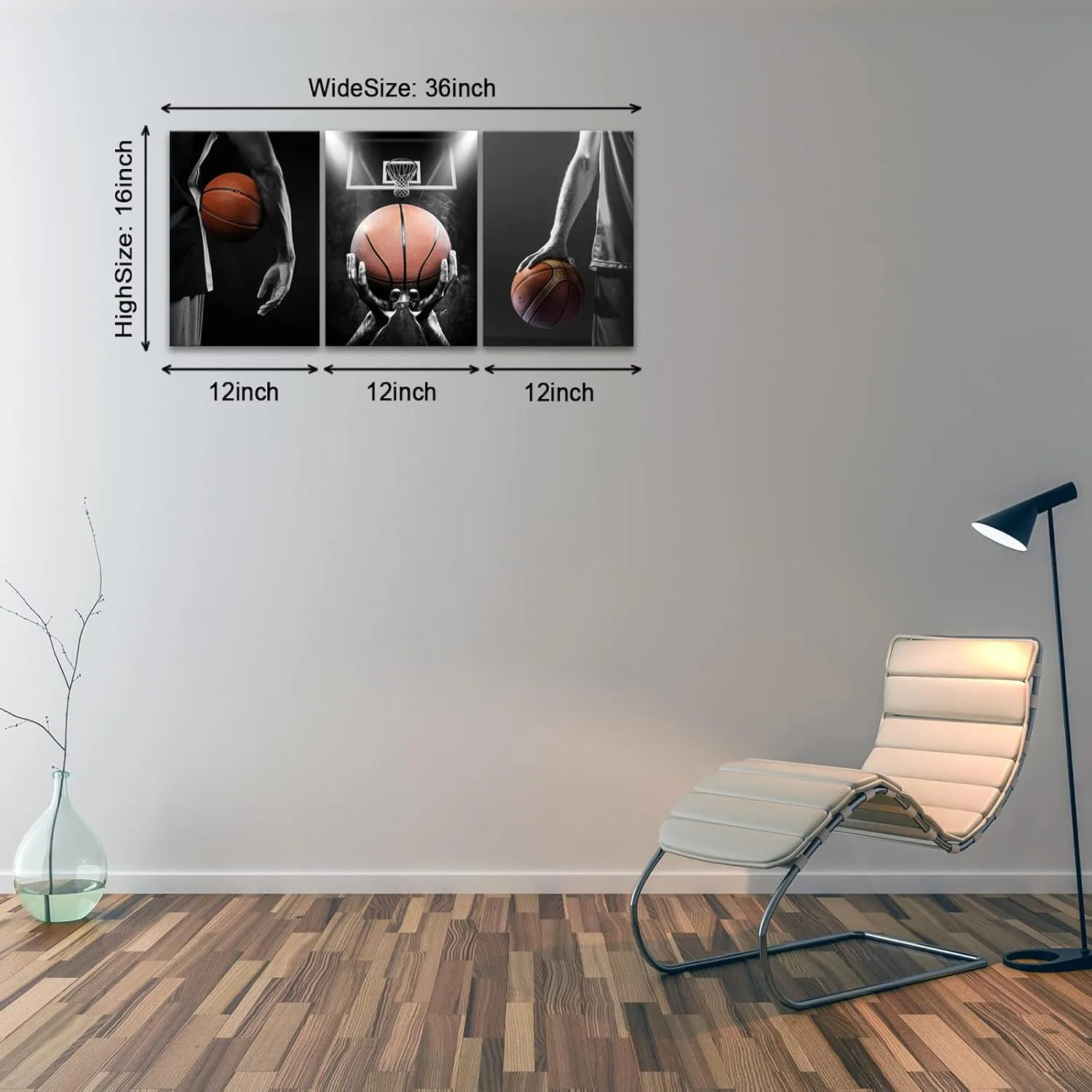 KAWAHONE -3 Pieces Basketball Art Prints Black and White Wall Art Antique Basketball and Low Angle View Basketball Hoop Sport Canvas Art for Bedroom Gym Room Decoration Boys Gift Framed-12x16inx3pc