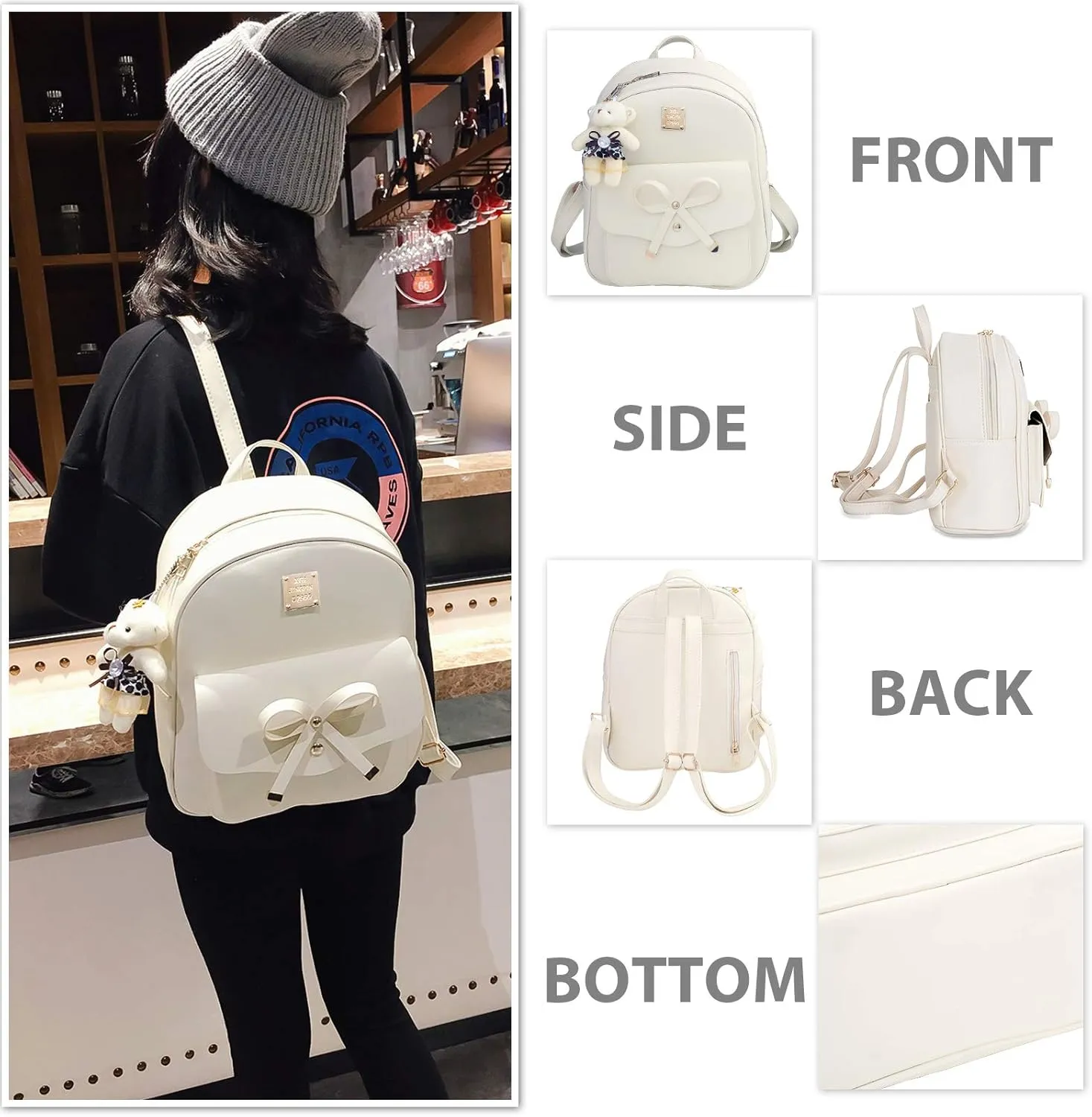 K.E.J. Cute Mini Backpack Bowknot Leather Backpack 3-PCS Small Backpack Purse for Women