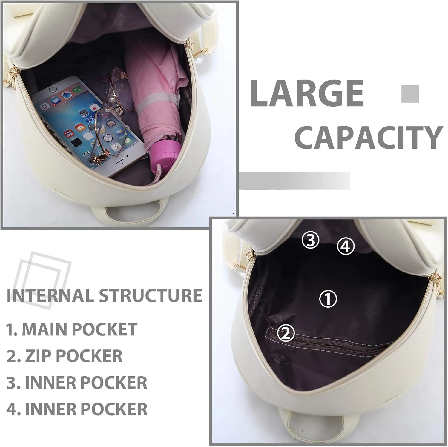 K.E.J. Cute Mini Backpack Bowknot Leather Backpack 3-PCS Small Backpack Purse for Women