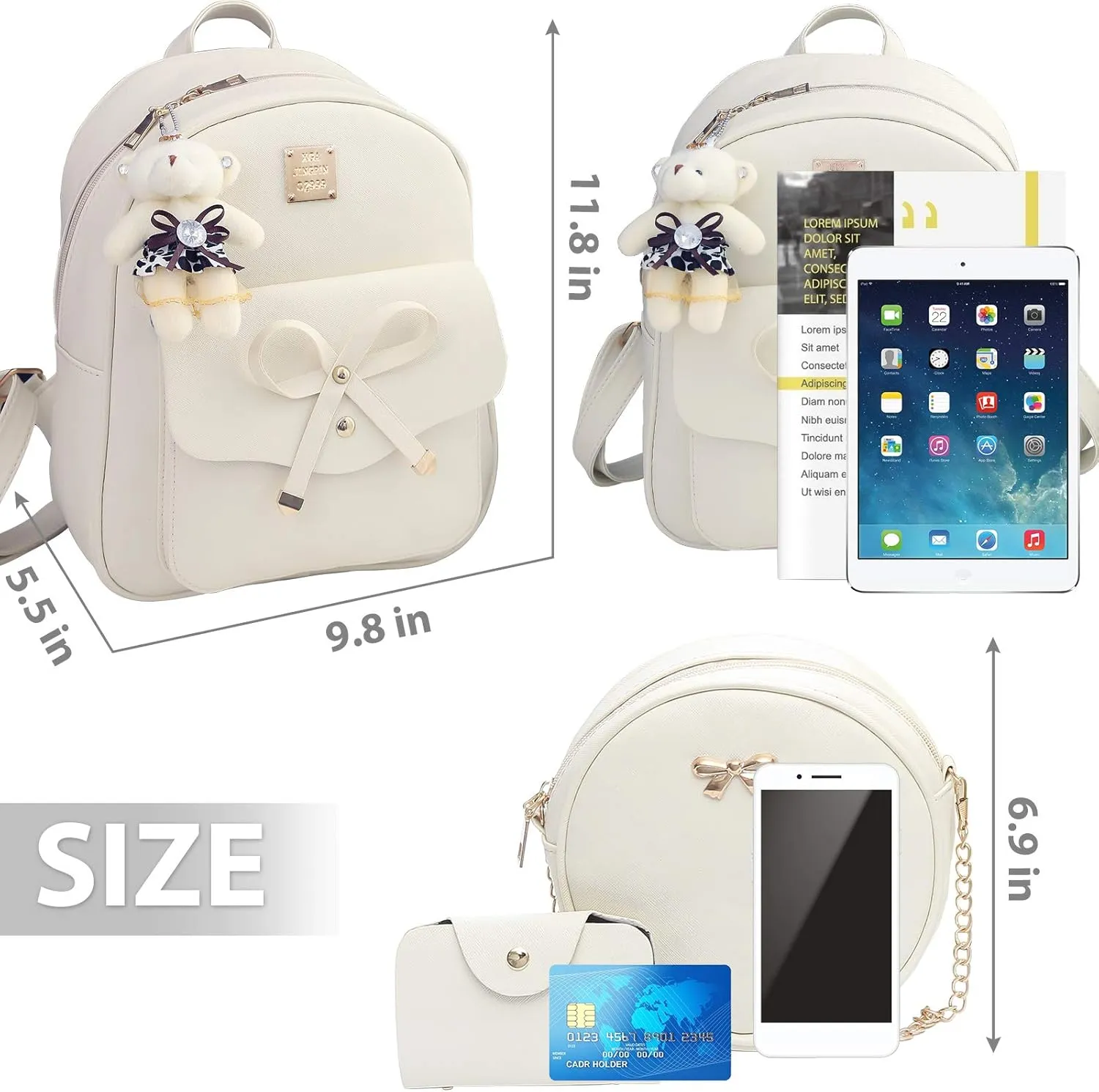 K.E.J. Cute Mini Backpack Bowknot Leather Backpack 3-PCS Small Backpack Purse for Women