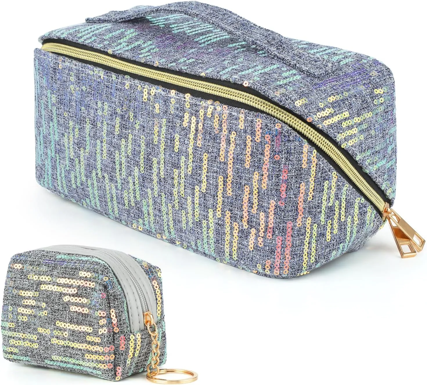 KEYPOWER Large Capacity Glitter Sequin Cosmetic Bag Travel Makeup Bag Sparkly and Shiny Handle Portable Toiletry Bag with Glitter Small Wallet for Women (Grey)