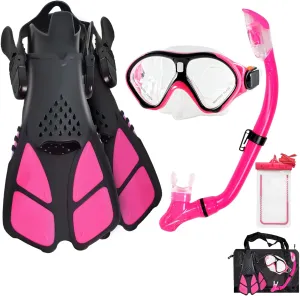 Kids Snorkeling Set Children Mask Fin Snorkel Set Snorkeling Gear Snorkel Mask   Adjustable Swimming Kids Flippers  Dry Snorkel Tube   Travel Bags