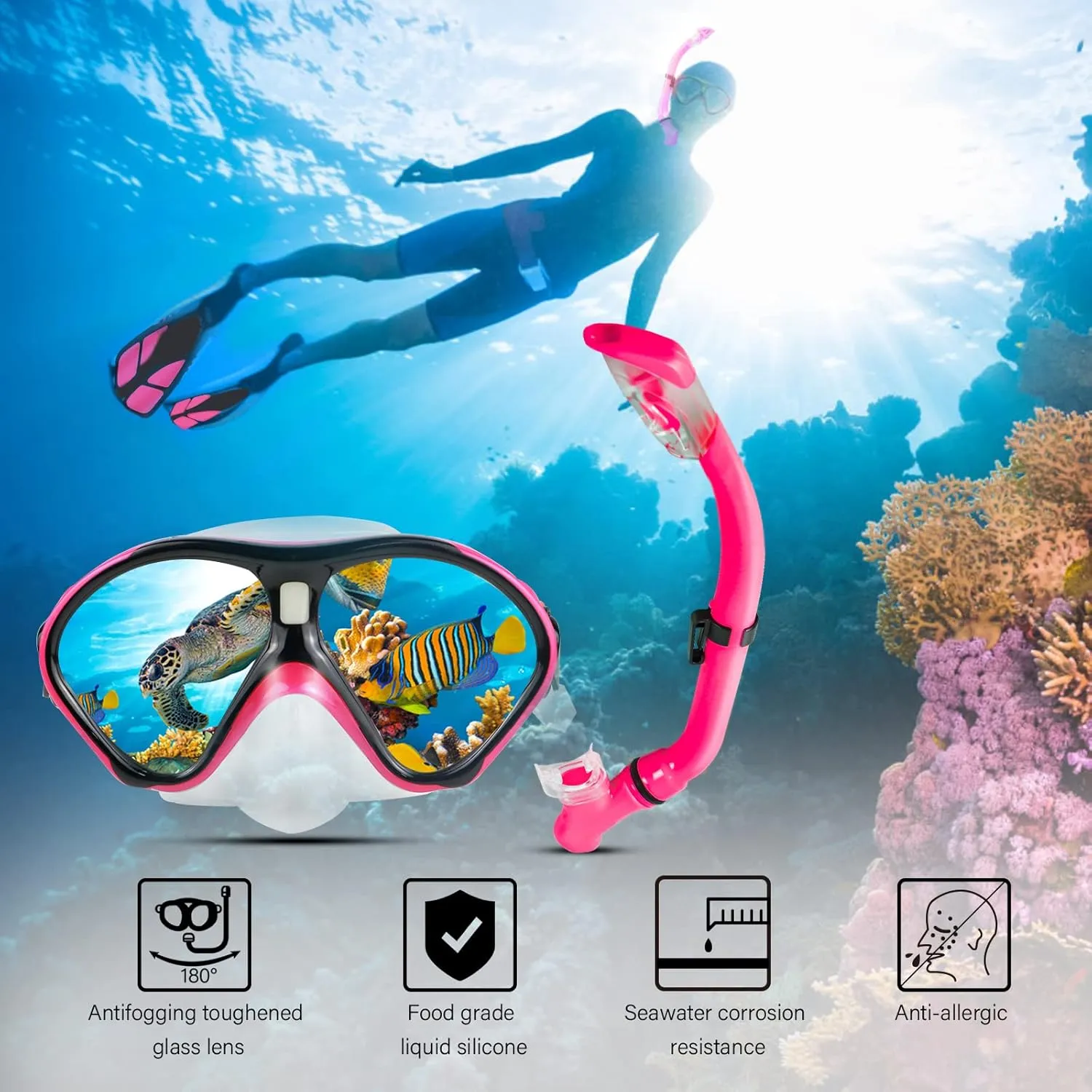 Kids Snorkeling Set Children Mask Fin Snorkel Set Snorkeling Gear Snorkel Mask   Adjustable Swimming Kids Flippers  Dry Snorkel Tube   Travel Bags