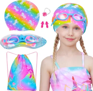 Kids Swim Caps for Girls Long and Short Hair, Child Toddler Teens Silicone Waterproof Swim Cap with Swimming Goggles and Swim Bag for Girls Boys(Age 6-12)