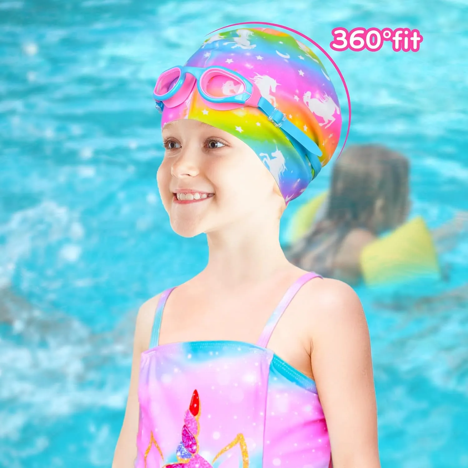 Kids Swim Caps for Girls Long and Short Hair, Child Toddler Teens Silicone Waterproof Swim Cap with Swimming Goggles and Swim Bag for Girls Boys(Age 6-12)