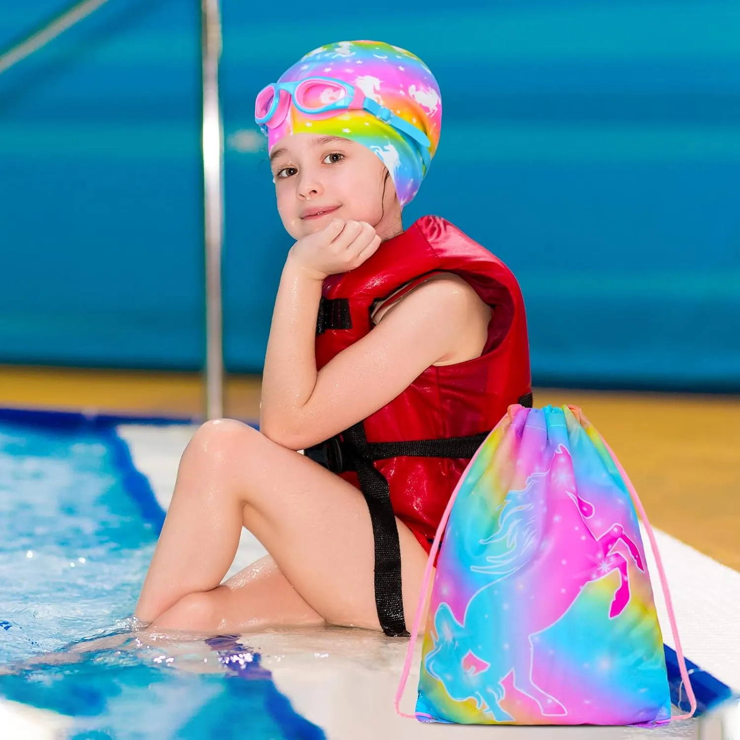 Kids Swim Caps for Girls Long and Short Hair, Child Toddler Teens Silicone Waterproof Swim Cap with Swimming Goggles and Swim Bag for Girls Boys(Age 6-12)