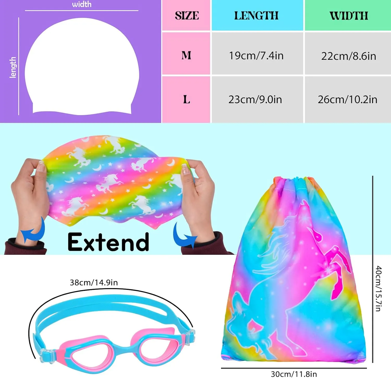 Kids Swim Caps for Girls Long and Short Hair, Child Toddler Teens Silicone Waterproof Swim Cap with Swimming Goggles and Swim Bag for Girls Boys(Age 6-12)