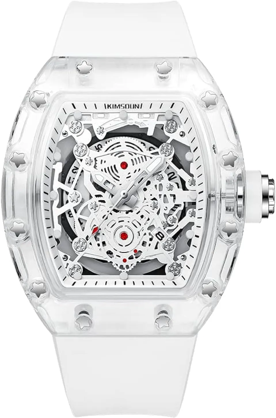 KIMSDUN-Stylish Skeleton Sport Watches, Waterproof, Analog Quartz Date Calendar Wristwatch, Transparent Tonneau Case Casual Watch, Silicone Strap for Men Unisex