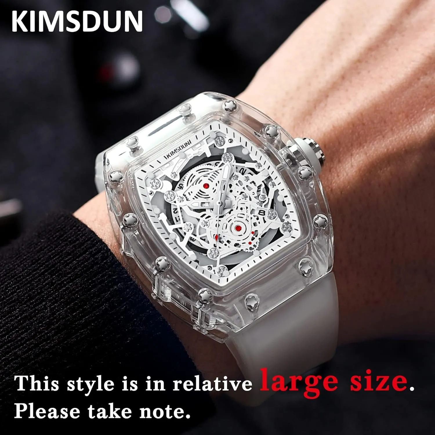 KIMSDUN-Stylish Skeleton Sport Watches, Waterproof, Analog Quartz Date Calendar Wristwatch, Transparent Tonneau Case Casual Watch, Silicone Strap for Men Unisex