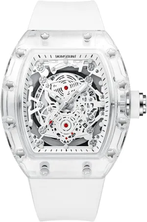 KIMSDUN-Stylish Skeleton Sport Watches, Waterproof, Analog Quartz Date Calendar Wristwatch, Transparent Tonneau Case Casual Watch, Silicone Strap for Men Unisex