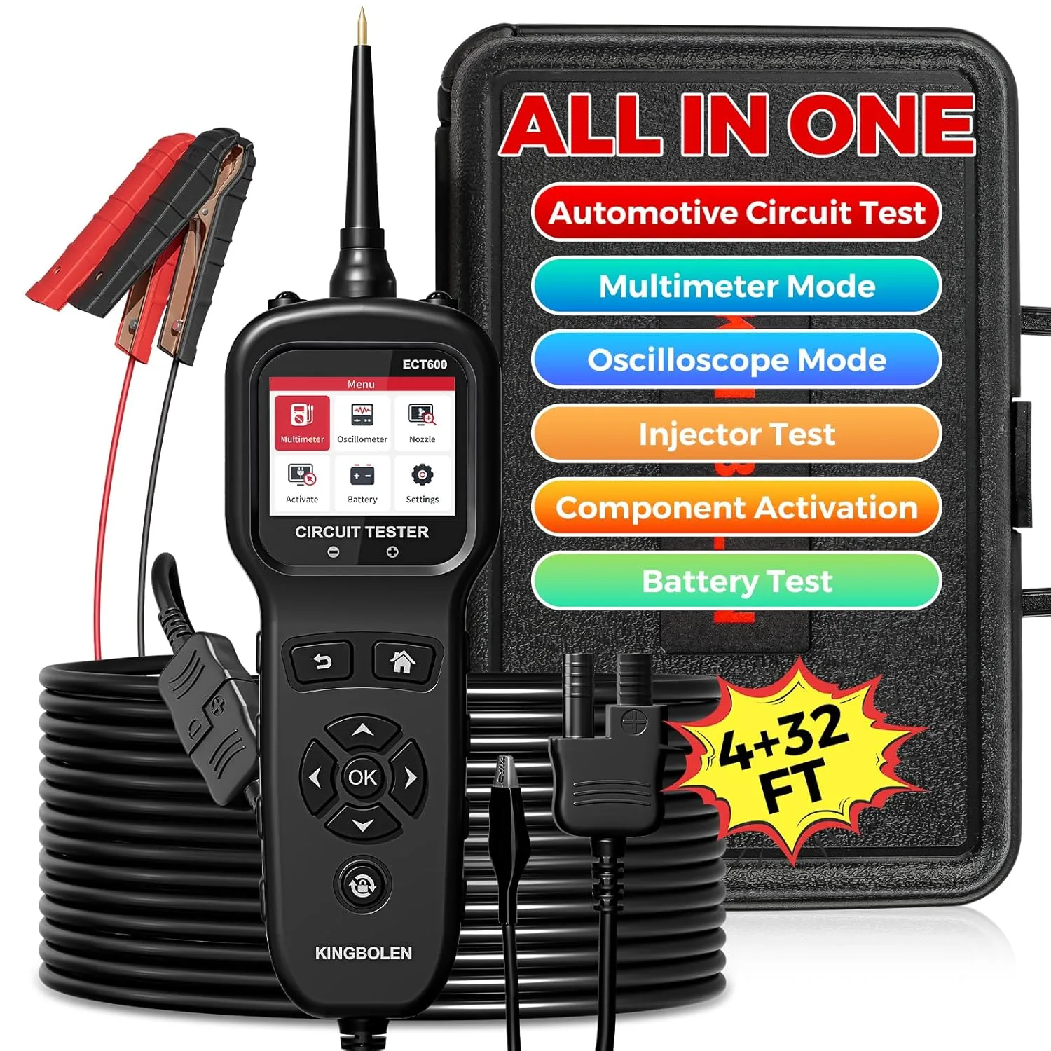 KINGBOLEN ECT600 Automotive Power Circuit Probe Tester with Battery/Relay/Fuel Inject Test, 12-24V Electrical Short/Open Circuit Finder, AC/DC Voltage,Component Activation, Oscilloscope Display,36FT