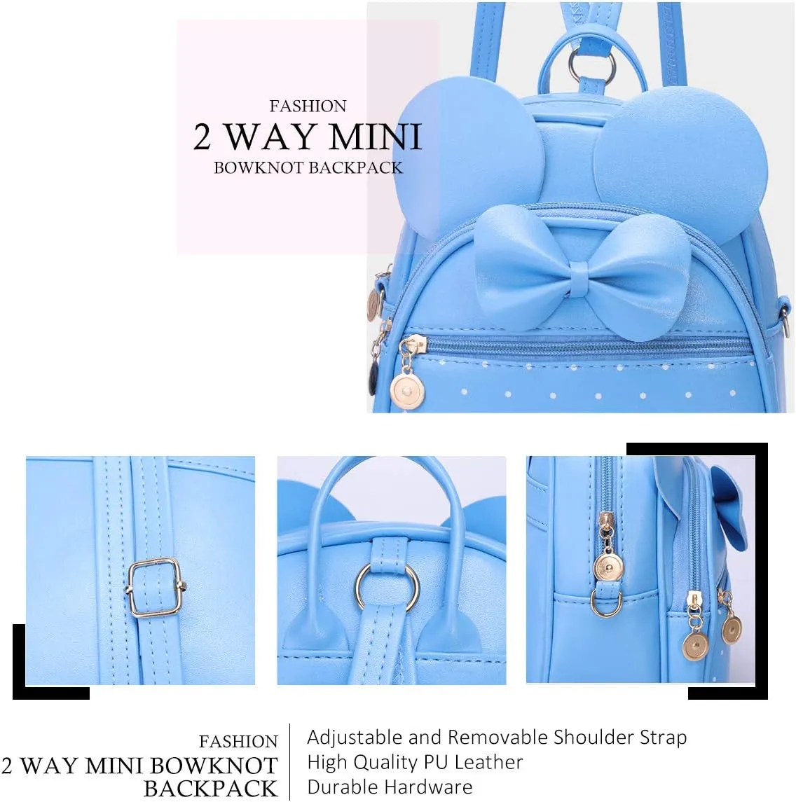 KL928 Girls Bowknot Polka Dot Cute Mini Backpack Small Daypacks Convertible Shoulder Bag Purse for Women