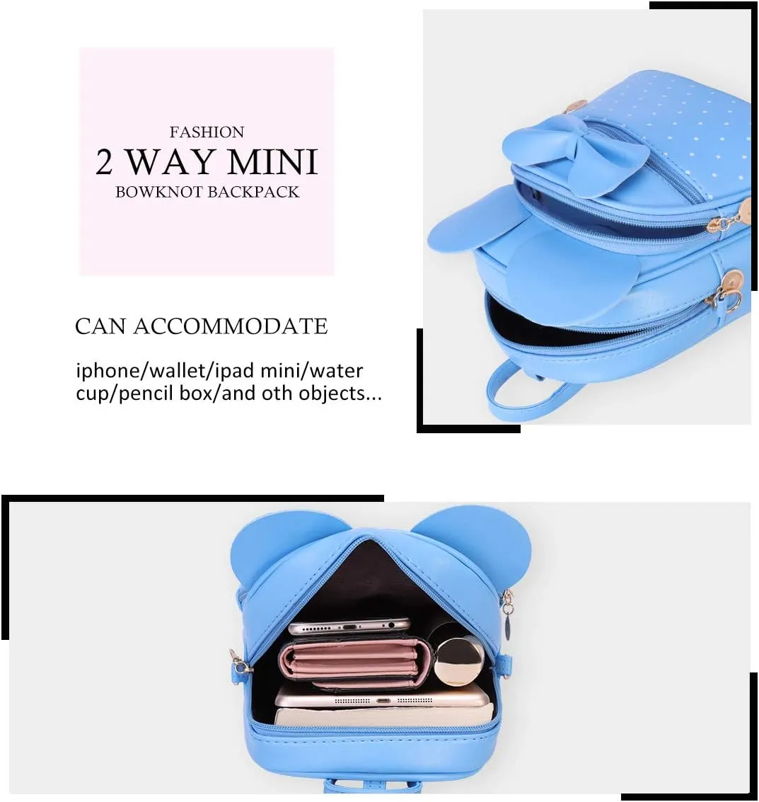 KL928 Girls Bowknot Polka Dot Cute Mini Backpack Small Daypacks Convertible Shoulder Bag Purse for Women