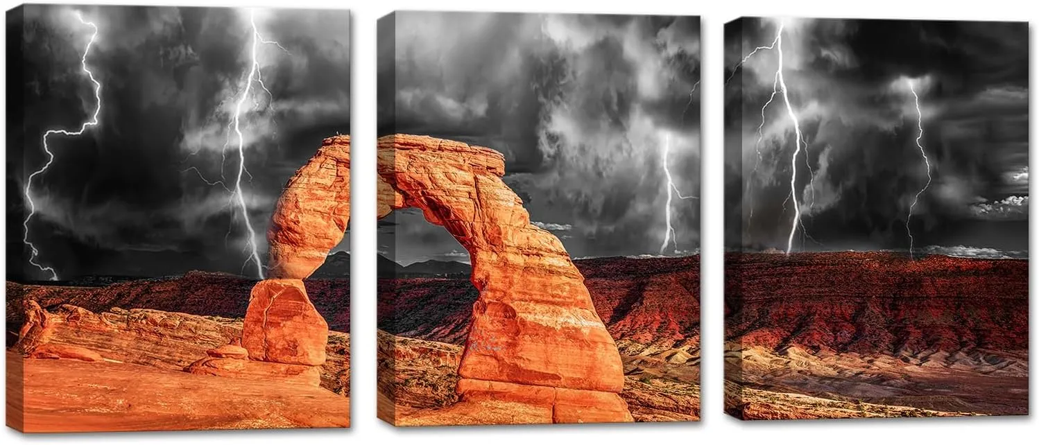 KLVOS 3 Piece Wall Art National Park Arches Canvas Print Delicate Arch Utah USA with Lightning Storm Landscape Poster PIcture Painting Black Red Artwork Gallery Wrap Home Bedroom Wall Decoration Ready