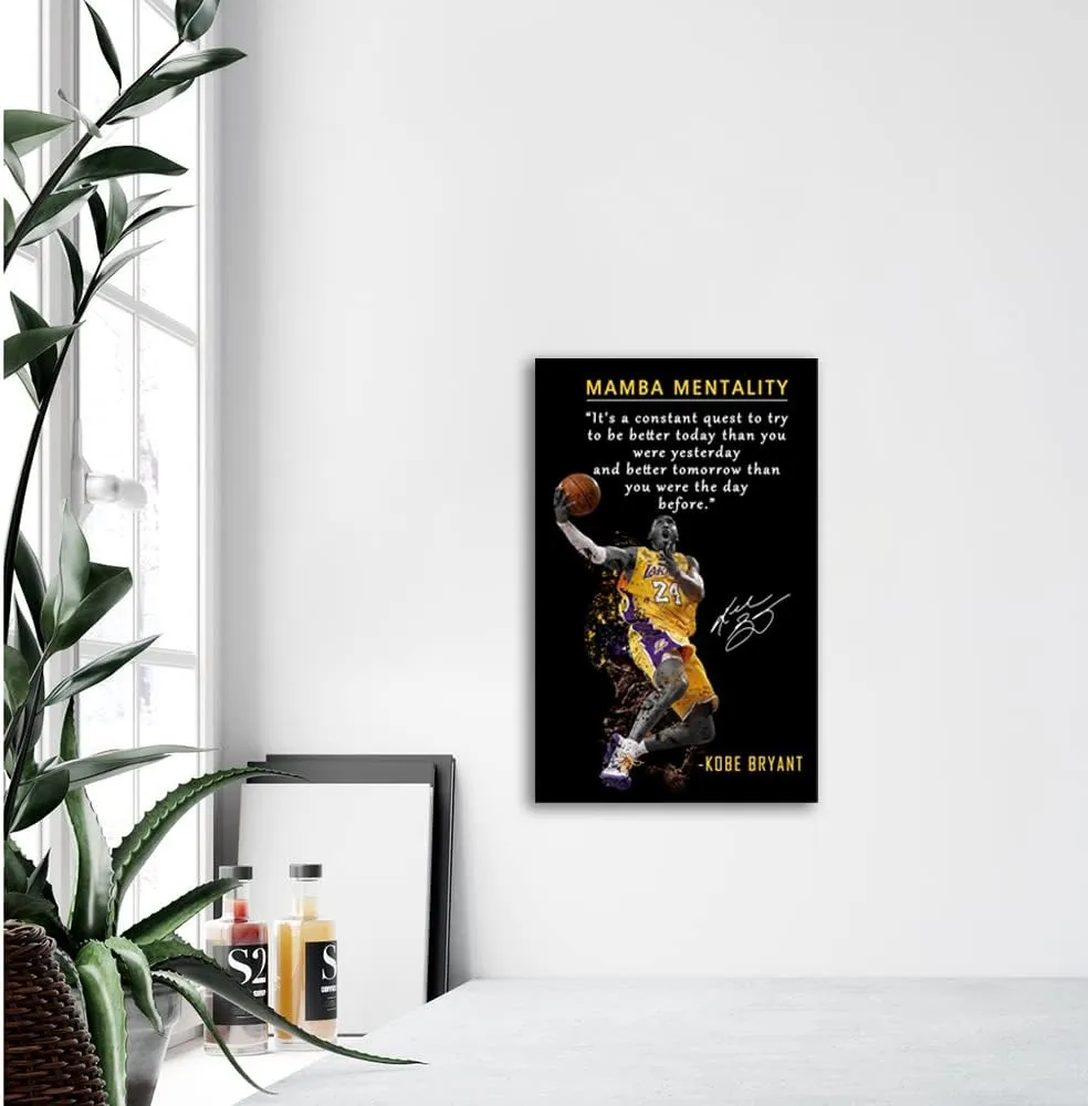 Kobe Bryant Inspirational Poster Canvas Wall Art • Mamba Mentality Quote Canvas Wall Art • Basketball Player Sports Home Decor • Motivational Artwork For Home,Office,Gym Wall Decor Framed Ready to
