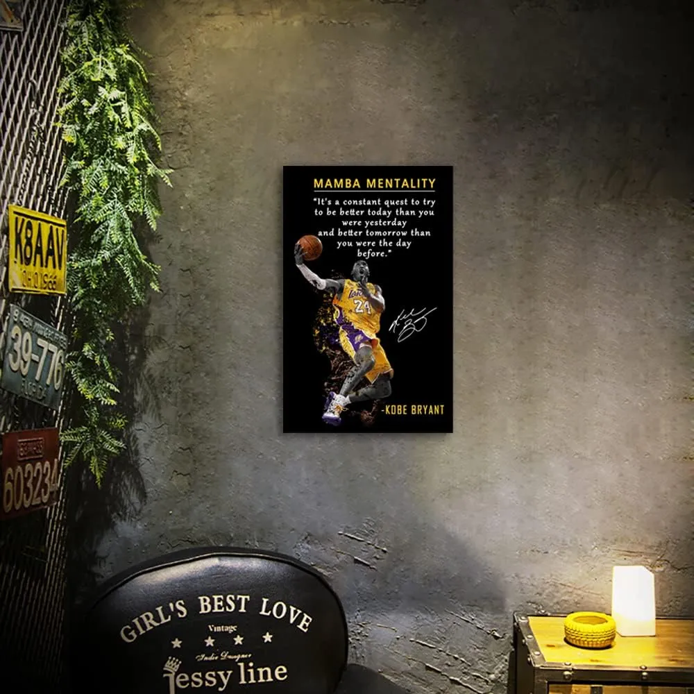 Kobe Bryant Inspirational Poster Canvas Wall Art • Mamba Mentality Quote Canvas Wall Art • Basketball Player Sports Home Decor • Motivational Artwork For Home,Office,Gym Wall Decor Framed Ready to