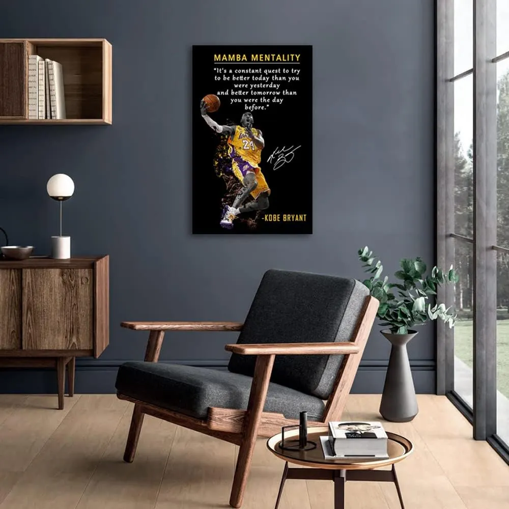Kobe Bryant Inspirational Poster Canvas Wall Art • Mamba Mentality Quote Canvas Wall Art • Basketball Player Sports Home Decor • Motivational Artwork For Home,Office,Gym Wall Decor Framed Ready to