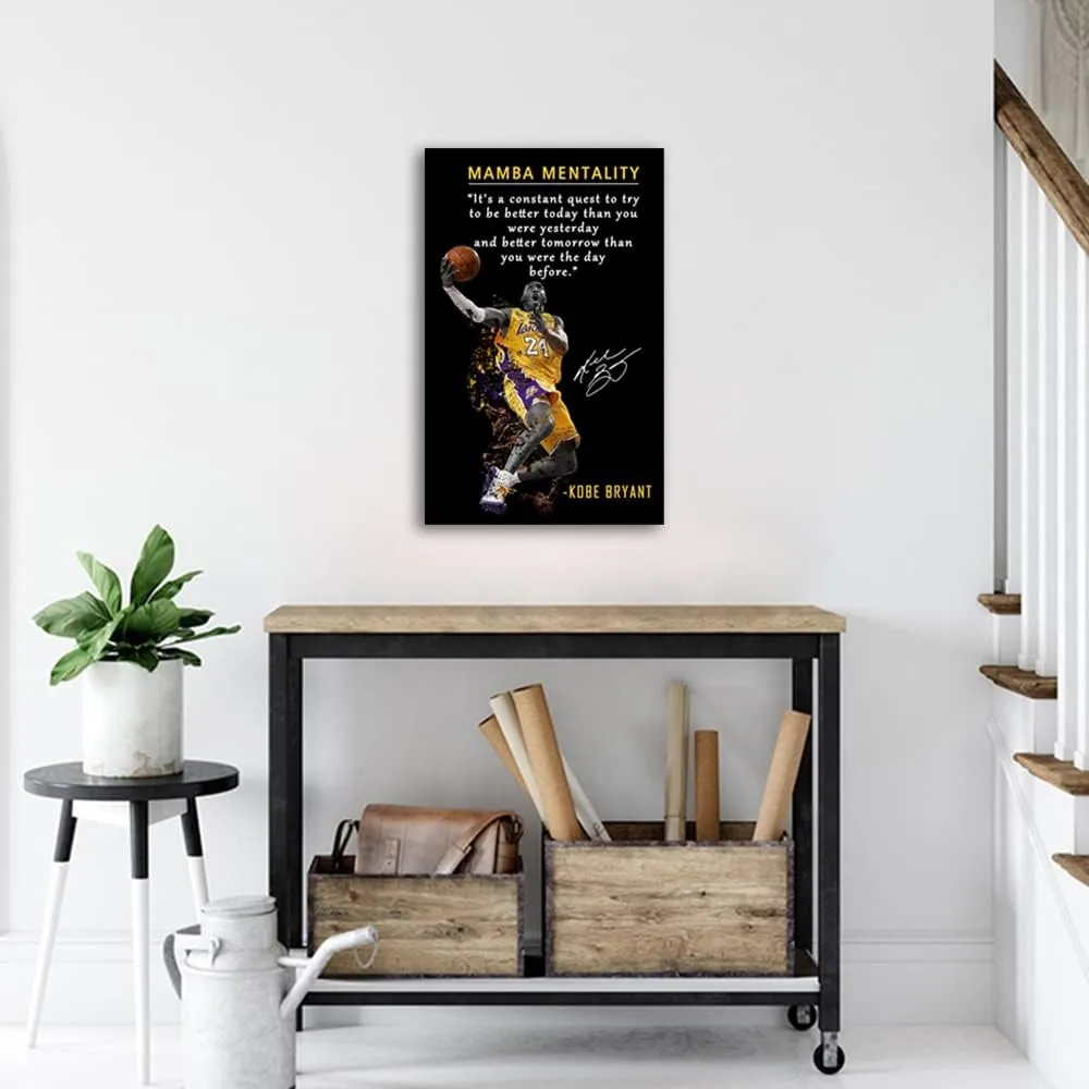 Kobe Bryant Inspirational Poster Canvas Wall Art • Mamba Mentality Quote Canvas Wall Art • Basketball Player Sports Home Decor • Motivational Artwork For Home,Office,Gym Wall Decor Framed Ready to