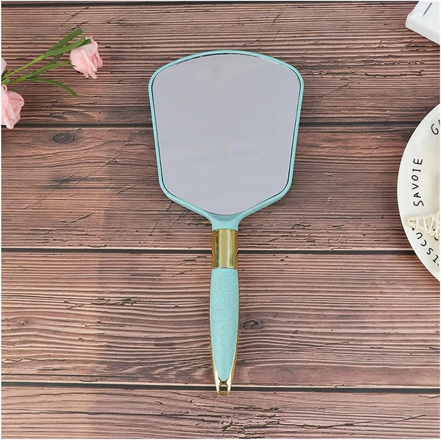 KOHARA Mirrors Makeup Makeup 1pc Cute Pink White Plastic Vintage Hand Makeup Vanity Rectangle Hand Hold Cosmetic with Handle for Gifts