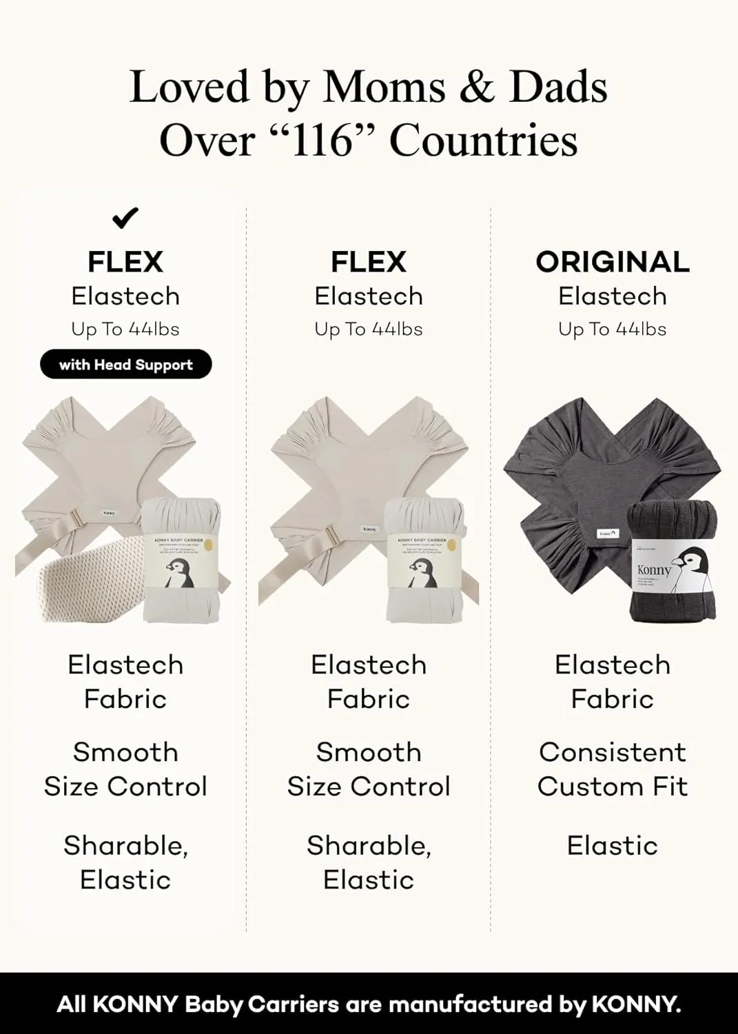 Konny New and Improved Baby Carrier Flex SoftBreeze(Head Support) - Adjustable, Easy to Wear and Wrap Baby Sling, Baby Wrap Carrier, Perfect for Newborn Babies Essentials up to 44 lbs (XS-XL) - Mocha