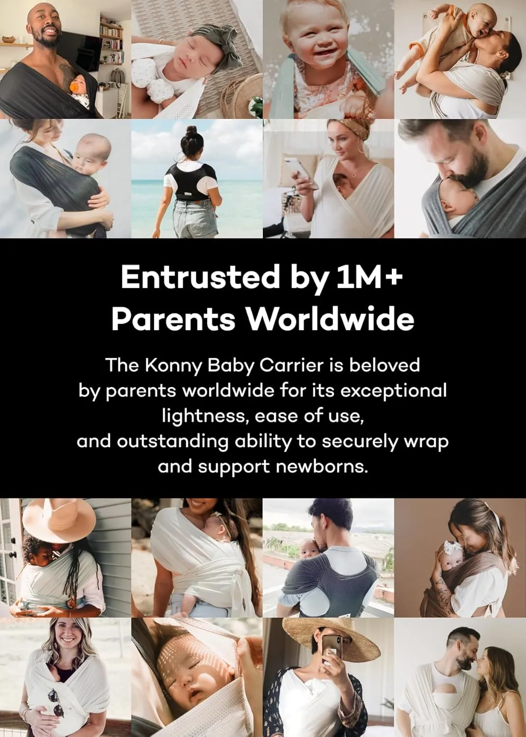 Konny New and Improved Baby Carrier Flex SoftBreeze(Includes Head Support) - Adjustable, Easy to Wear and Wrap Baby Sling, Perfect for Newborn Babies Essentials up to 44 lbs (XS-XL) - Khaki Grey