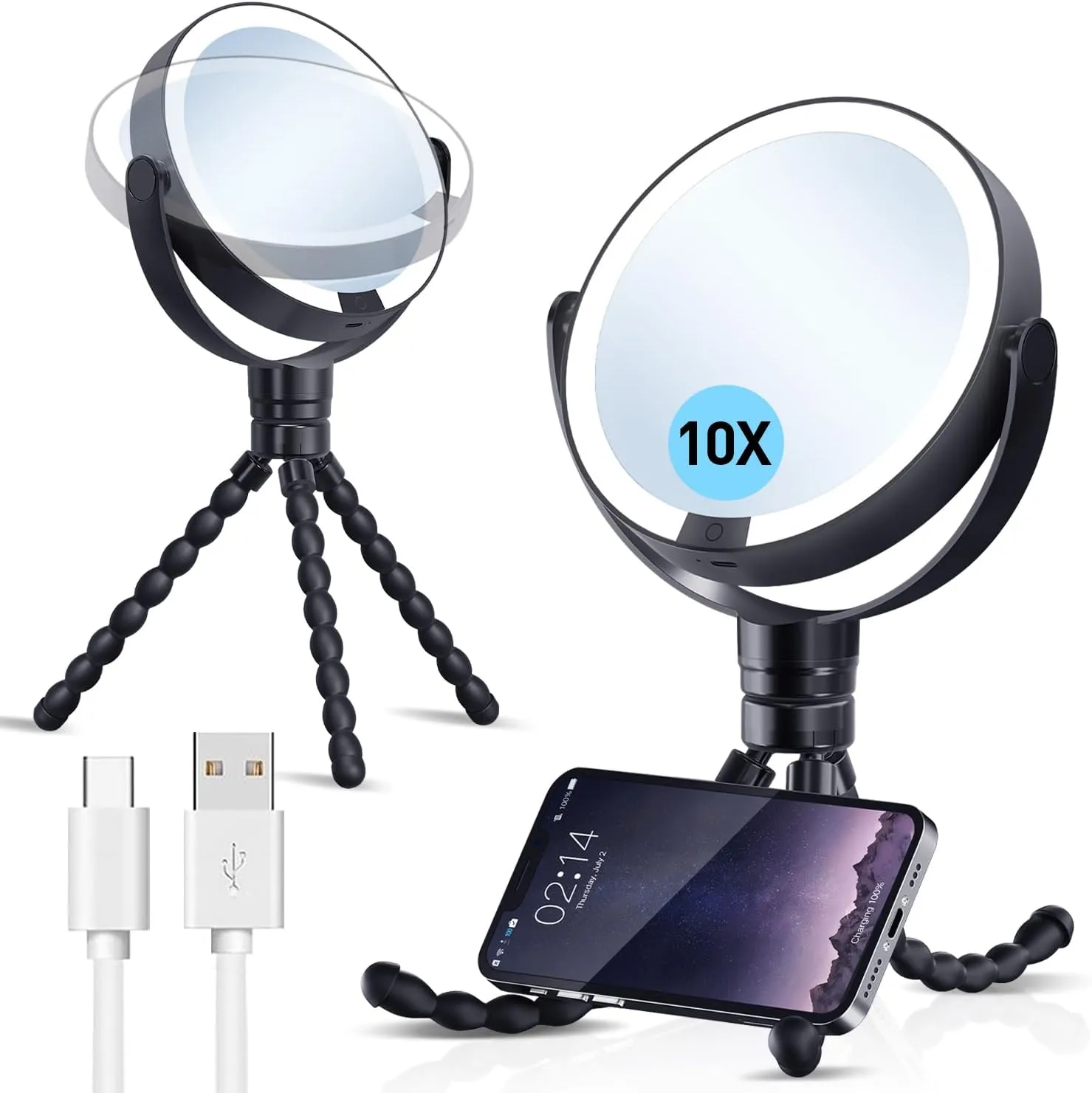 KOOKIN Travel Makeup Mirror with Lights and Magnification 1X/10X, Lighted Makeup Mirror, Rechargeable, 3 Color Lighting, Dimmable, 360° Rotation, Double Sided, Hanging Handheld Mirrors (Black)