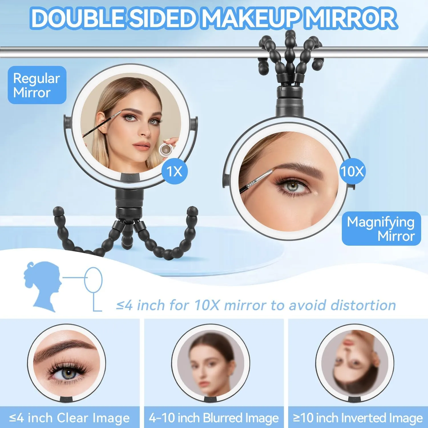 KOOKIN Travel Makeup Mirror with Lights and Magnification 1X/10X, Lighted Makeup Mirror, Rechargeable, 3 Color Lighting, Dimmable, 360° Rotation, Double Sided, Hanging Handheld Mirrors (Black)