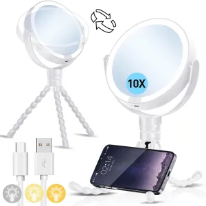 KOOKIN Travel Makeup Mirror with Lights and Magnification 1X/10X, Lighted Makeup Mirror, Rechargeable, 3 Color Lighting, Dimmable, 360° Rotation, Double Sided, Hanging Handheld Mirrors (White)
