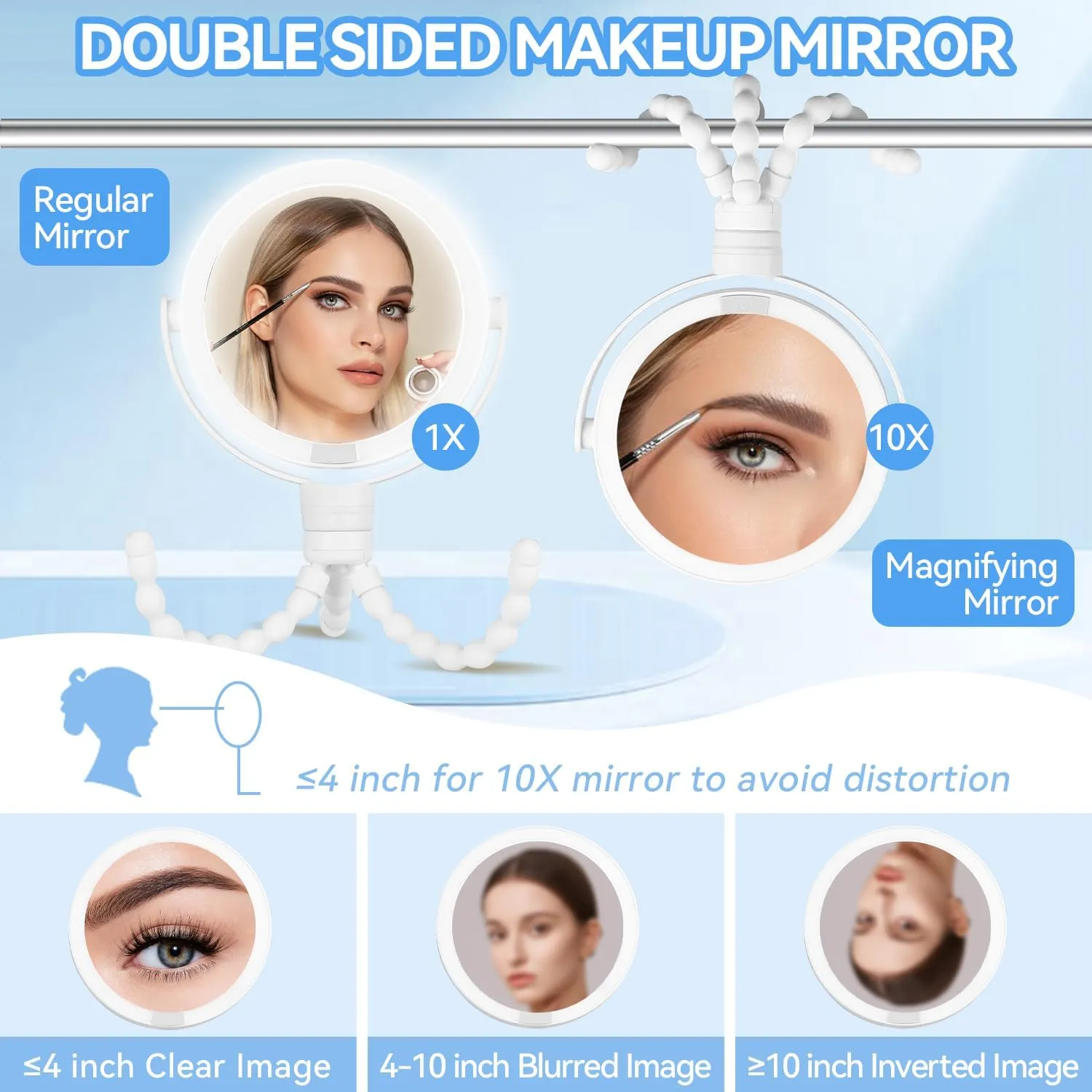 KOOKIN Travel Makeup Mirror with Lights and Magnification 1X/10X, Lighted Makeup Mirror, Rechargeable, 3 Color Lighting, Dimmable, 360° Rotation, Double Sided, Hanging Handheld Mirrors (White)