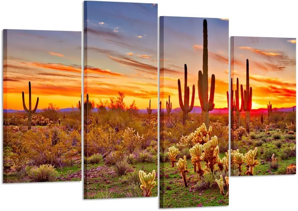 KREATIVE ARTS - Colorfull Sunset with Saguaros Landscape Canvas Wall Art Sonoran Desert Picture Gallery Wrapped Botanical Cactus in Arizona Picture Print on Canvas for Living Room