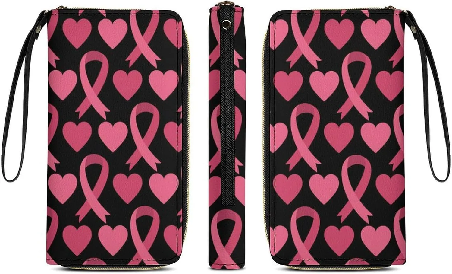 Ladies Pu Leather Wallets, Pink Ribbon Breast Cancer Awareness Symbol Hearts Credit Card Holder Long Purse with Zipper Waterproof Large Capacity Card Organizer