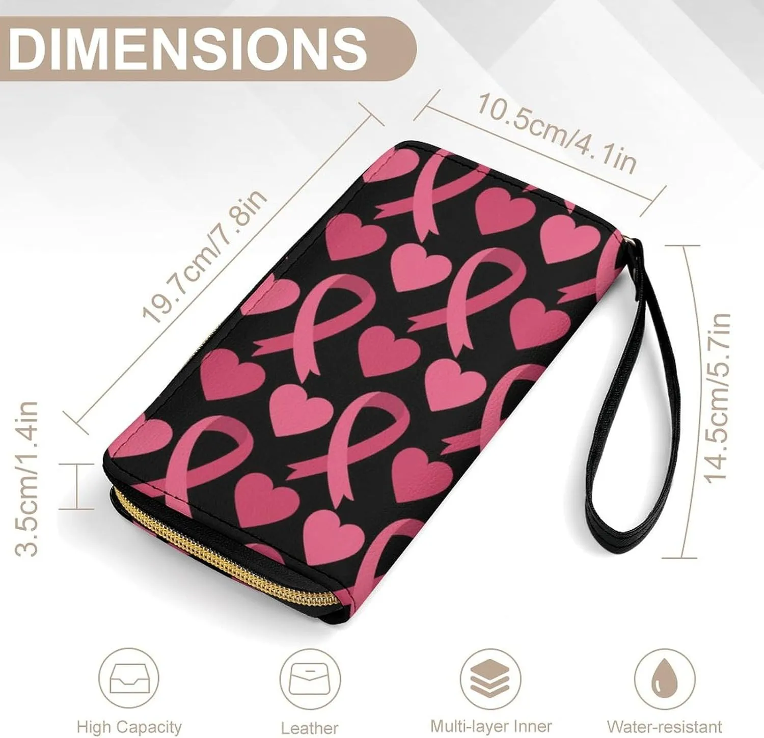 Ladies Pu Leather Wallets, Pink Ribbon Breast Cancer Awareness Symbol Hearts Credit Card Holder Long Purse with Zipper Waterproof Large Capacity Card Organizer