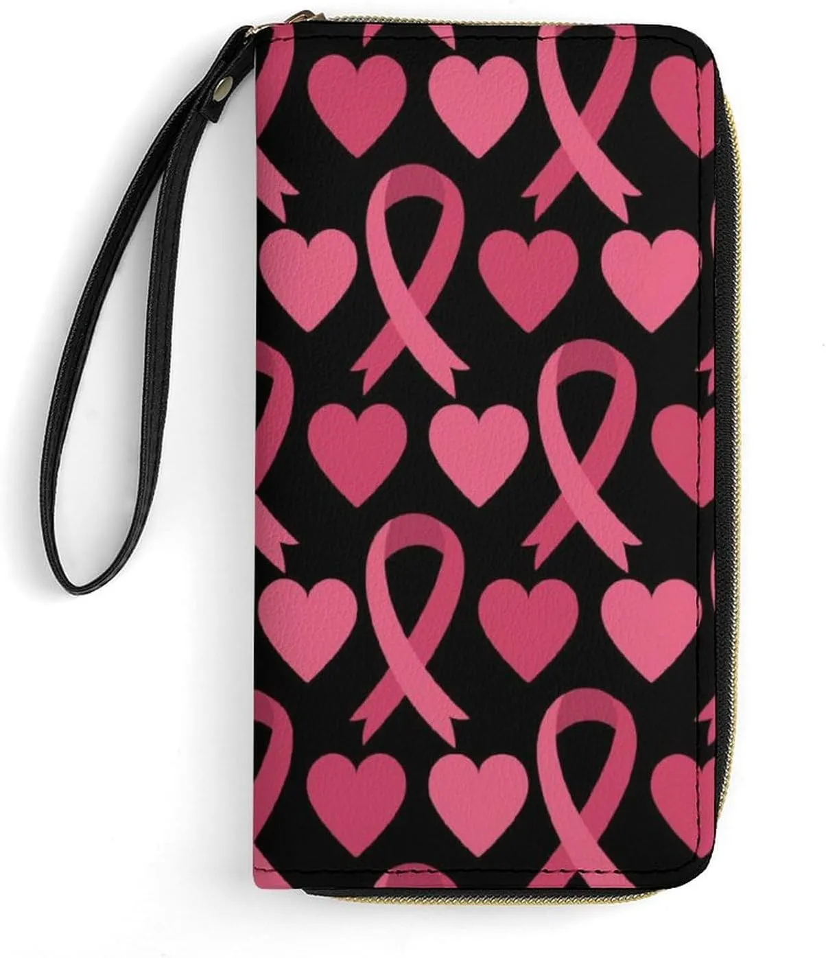 Ladies Pu Leather Wallets, Pink Ribbon Breast Cancer Awareness Symbol Hearts Credit Card Holder Long Purse with Zipper Waterproof Large Capacity Card Organizer