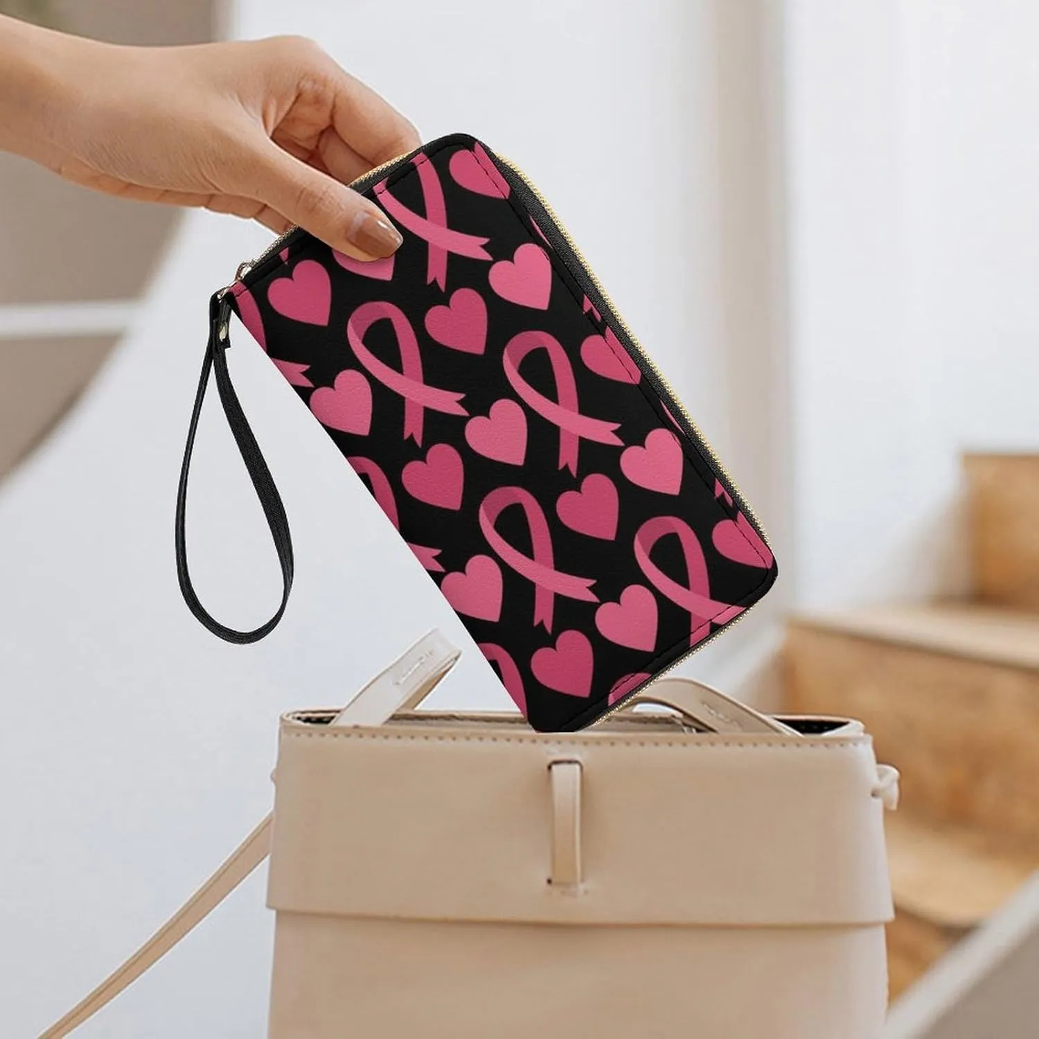 Ladies Pu Leather Wallets, Pink Ribbon Breast Cancer Awareness Symbol Hearts Credit Card Holder Long Purse with Zipper Waterproof Large Capacity Card Organizer