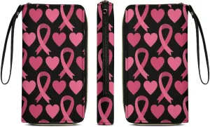 Ladies Pu Leather Wallets, Pink Ribbon Breast Cancer Awareness Symbol Hearts Credit Card Holder Long Purse with Zipper Waterproof Large Capacity Card Organizer