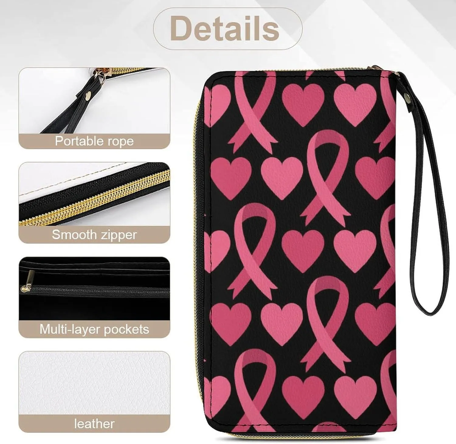 Ladies Pu Leather Wallets, Pink Ribbon Breast Cancer Awareness Symbol Hearts Credit Card Holder Long Purse with Zipper Waterproof Large Capacity Card Organizer