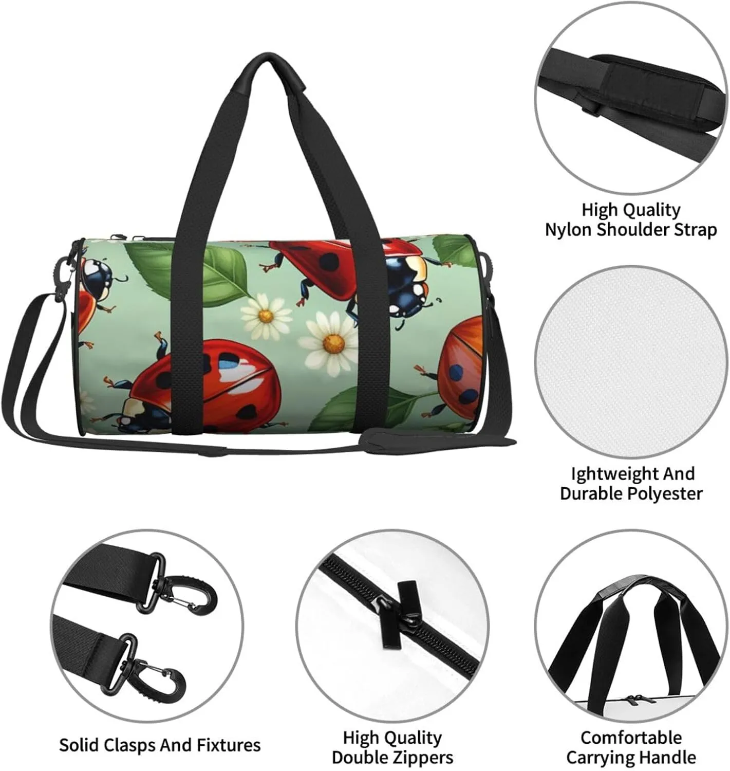 Ladybugs Pattern Infinite Speckled Printed Travel Bag,Round Personal Item Storage bag,Foldie Duffel Bag for Traveling Vacation,Fitness,Sports