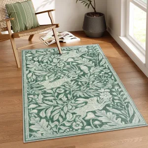 Lahome Forest Rabbit Entryway Rugs Indoor, Soft Washable Area Rugs 3x5 for Bedroom, Vintage Woodcut Print Sage Green Door Mat, Stain Resistant Throw Rug Indoor