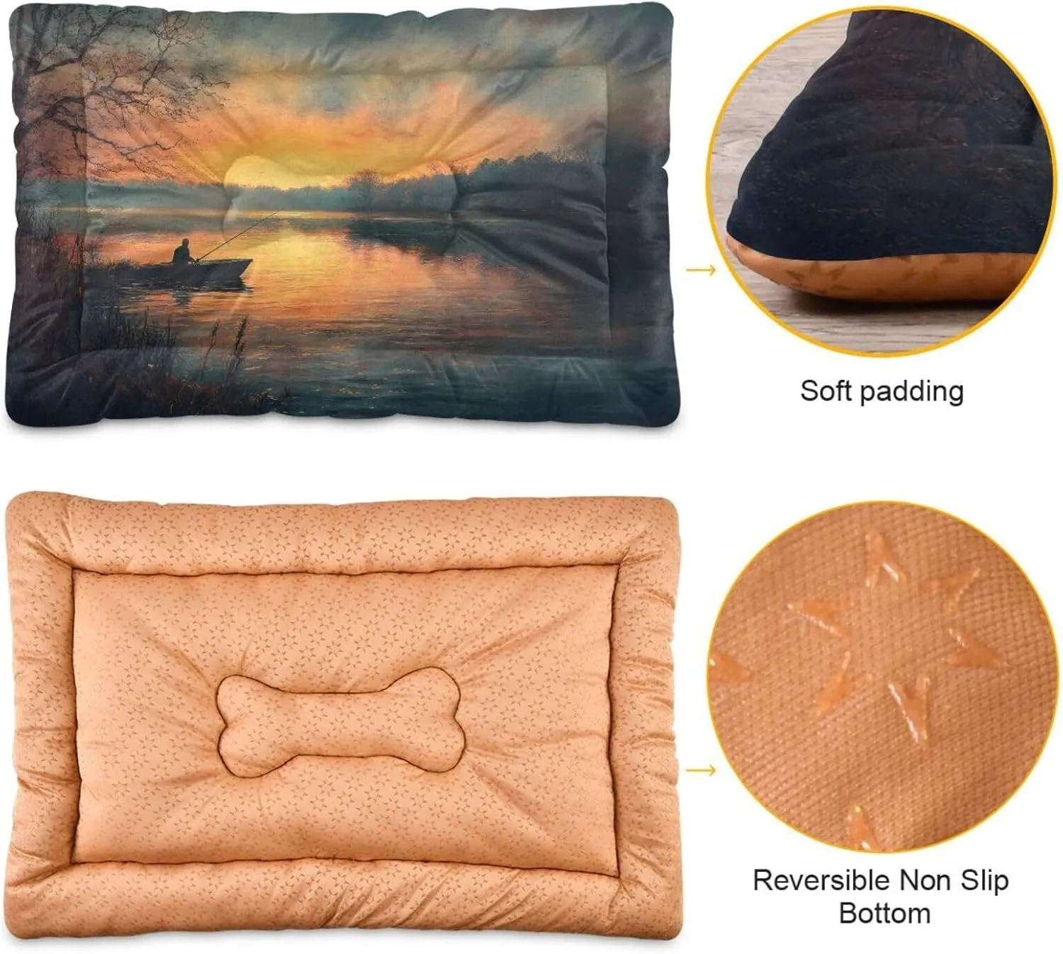 Lakeside Fishing Dog Bed Mat Cat Crate Pad with Non-Slip Bottom Washable Soft Pet Kennel Beds for Small Medium Large Dogs, 36"x24"