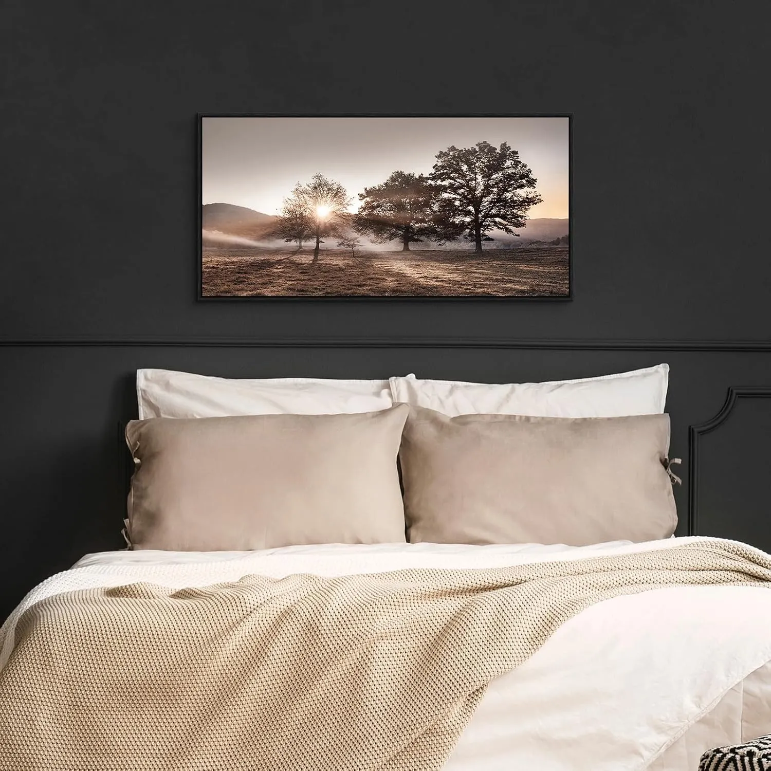 Landscape Canvas Framed Wall Art - Sunset Mountain Picture Forest Nature Artwork Wildness Tree Scenery Prints for Bedroom Living Room