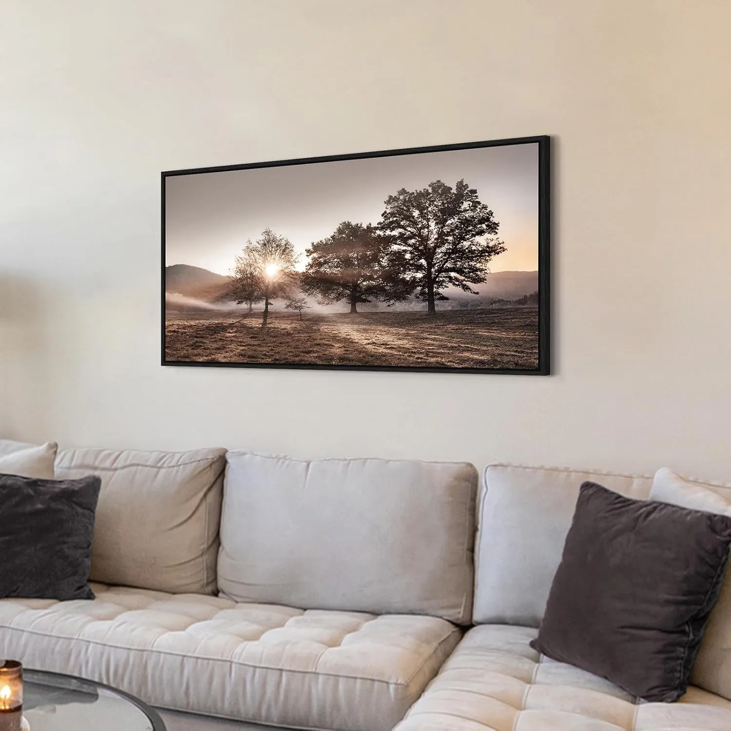 Landscape Canvas Framed Wall Art - Sunset Mountain Picture Forest Nature Artwork Wildness Tree Scenery Prints for Bedroom Living Room
