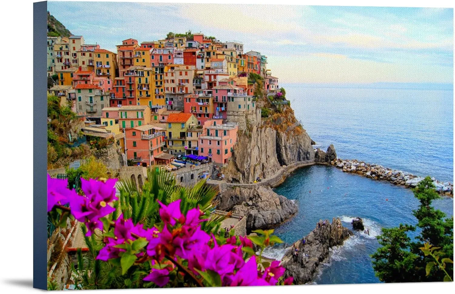 Lantern Press Cinque Terre, Coast of Italy with flowers, (24x36 Wrapped Canvas, Wall Decor, Artwork)