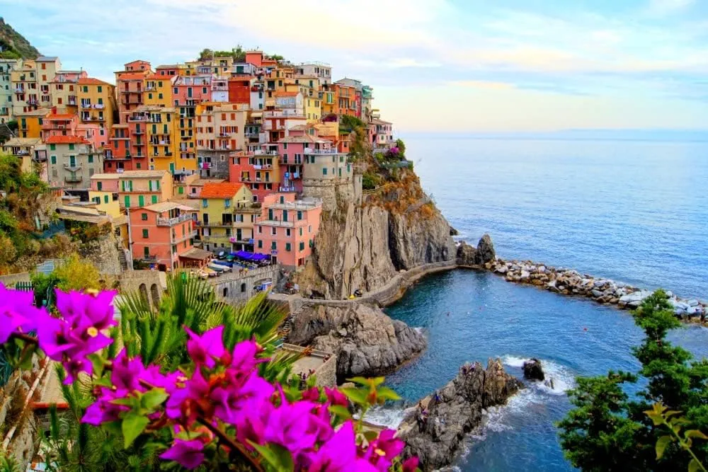 Lantern Press Cinque Terre, Coast of Italy with flowers, (24x36 Wrapped Canvas, Wall Decor, Artwork)