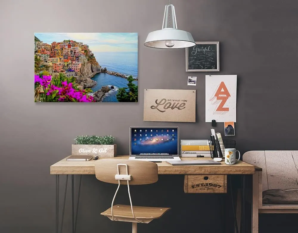 Lantern Press Cinque Terre, Coast of Italy with flowers, (24x36 Wrapped Canvas, Wall Decor, Artwork)