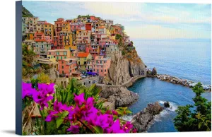 Lantern Press Cinque Terre, Coast of Italy with flowers, (24x36 Wrapped Canvas, Wall Decor, Artwork)