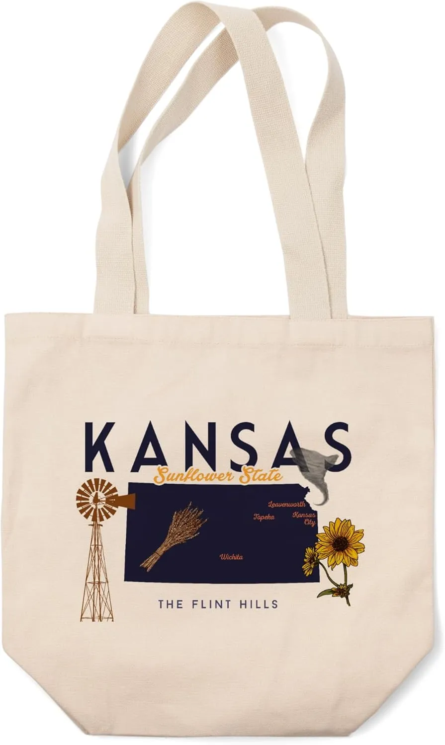 Lantern Press Kansas, Typography and Icons, Minimalist (100% Cotton Canvas Reusable Tote Bag)