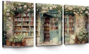 LANZHENZHENART 3Pcs Watercolor French Bookshop Wall Art Vintage Bookshop Canvas Painting Prints For Home Dining Room Living Room Wall Decor Poster Artwork(24" x 36" x 3 Panels Framed)